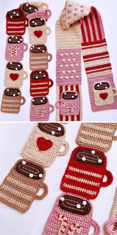 crocheted coffee cups and mugs with hearts on them are arranged in rows