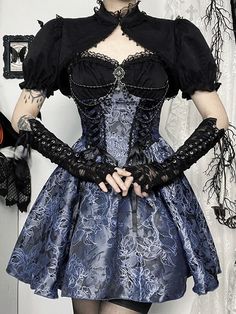 The Mermaid Gothic Lolita dress and bolero exude enchanting elegance. The intricate black ribbon lace-up, blue rose jacquard, and lace patchwork combine to create a spellbinding silhouette. Adorned with bead chains and a glittering gem pendant, this dress features a black bolero with puff sleeves and an elastic back for added comfort. Available in sizes XS-L. Black ribbon lace-up, Blue rose jacquard, Lace patchwork, Bead chains, Glittering gem pandent, Puff sleeves shrug, Elastic back of dress Material:Polyester spandex Color: Blue Dress, Black Bolero Size: XS, S, M, L Bolero Size Measurement: Unit: CM Shoulder Sleeve Length XS 33.5 25.5 25 S 34.5 26 26 M 35.5 26.5 27 L 37 27 28 Dress Size Measurement: Unit: CM Bust Waist Length XS 67-83 60-66 60 S 71-87 64-70 62 M 75-91 68-74 64 L 81-97 7 White Cropped Cardigan, Dress Bolero, Bolero Dress, Jacquard Skirt, Hip Skirt, Purple Mini Dresses, Harajuku Streetwear, Lace Patchwork, Gothic Dress