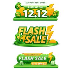 flash sale banners with green and yellow colors, set of three different styles for the store