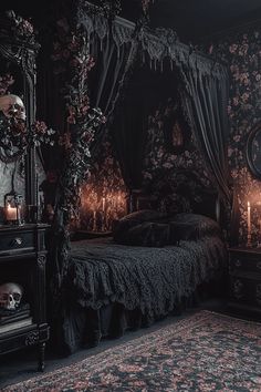 a gothic bedroom decorated in black and pink with skulls on the bed, candles and curtains