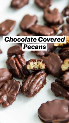 chocolate covered pecans with walnuts in the middle and text overlay that reads, chocolate covered pecans