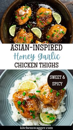 Roasted Honey Garlic Chicken Thighs Recipe, a sweet and spicy Asian-inspired sensation. Enjoy tender chicken thighs tossed in a mouth-watering blend of honey, garlic, sriracha, sesame oil, and fresh lime juice. A super easy one-pan recipe perfect for a lazy, flavor-filled weeknight meal. With this recipe on your side, every dinner can be a delightful culinary adventure. Served over jasmine rice, it's an explosion of flavors bound to make your taste buds happy! Thai Chicken Thigh Recipes, Asian Chicken Thigh Recipes, Asian Chicken Thighs, Asian Cuisine Recipes, Garlic Chicken Thighs, Honey Garlic Chicken Thighs, Thighs Recipe