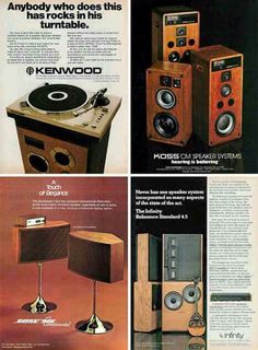 an advertisement for kenwood's stereo system with two speakers and one speaker on each side