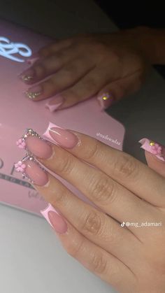 acrylic nails , french tips , flowers , rhinestones , nail inspo , not my pic Pink French Tips With Rhinestones, French Tips Flowers, French Tips With Rhinestones, Acrylic Nails French, Pink French Tips, Nails French Tips, Spring Acrylic Nails