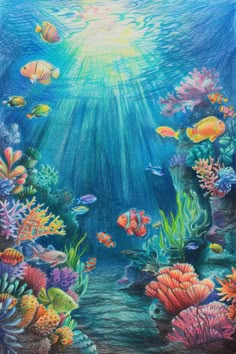 an underwater scene with fish and corals in the water, drawn by colored pencils