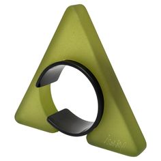 a green triangle shaped object with a black ring on it's end and an upside down section