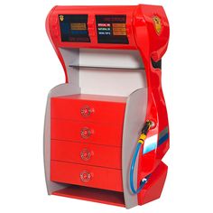 a red and white toy machine with two drawers