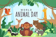 an animal day poster with animals and trees