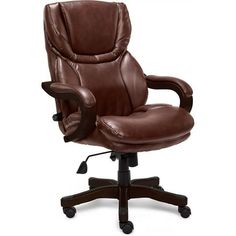 an office chair with leather upholstered back and arm rests on casteor wheels