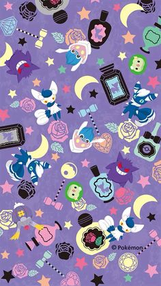 a purple background with many different items and stars on the bottom, including an image of a