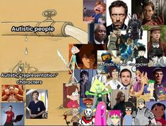 many people are depicted in this collage with images and captions about the characters