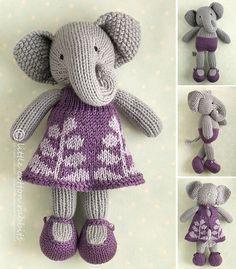 several pictures of stuffed animals in knitted clothing and shoes, including an elephant wearing a dress