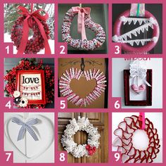 many different wreaths and decorations are arranged in the shape of heart shaped frames with words on them