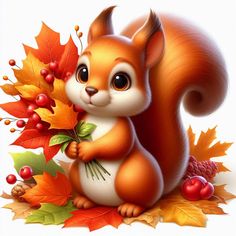 a squirrel with autumn leaves and berries around it