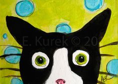 a painting of a black and white cat with green eyes