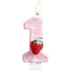 a birthday candle with a strawberry on it and the number one in pink sprinkles