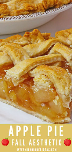 an apple pie is cut into slices on a white plate with the title above it