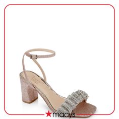 in stock Jewel Badgley Mischka, Evening Sandals, Sandal Heels, Glitter Fabric, Rose Gold Glitter, Heel Sandal, Block Heels Sandal, Badgley Mischka, Sandal Women