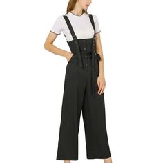 Show your casual laid-back vibes in this cute straight fit overall jumpsuit. A woven overall jumpsuit featuring a low square neckline, shoulder straps, partial button-front placket, removable self-tie at the waist, a wide-leg, and a relaxed silhouette. With the design of waist belt, it can accentuates your graceful figure. Soft fabric makes this overall jumpsuit comfortable to wear. Make you beautiful with fashion and classic design,and make you stand out in the crowd. This loose fit overall jum Jumpsuit Suit, Long Overalls, 20th Century Women, Belted Jumpsuit, Belt Jumpsuit, Overall Jumpsuit, Black Overalls, Leg Belt, Work Fits