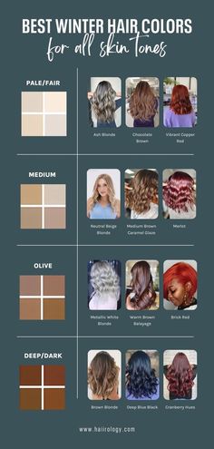 If you're searching for a winter hair color that suits your skin tone, you've come to the right place! My guide covers both classic and trending hair colors for all skin tones, including pale/fair, medium, olive, and deep/dark. You can choose from a range of shades, from rich brunettes to striking reds, to find the perfect dye shade that complements your skin tone. Download this hair color guide for free now and rock your winter look with confidence! Hair Colors For Olive Toned Skin, Hair Colours That Suit Pale Skin, Blonde Hair For Winter Skin Tone, Hair Dyes For Dark Skin, House Of Colour Winter Hair, Soft Winter Hair Color, Ginger Hair For Cool Skin Tones, Cool Toned Hair Color Brunettes, Winter Season Hair Color