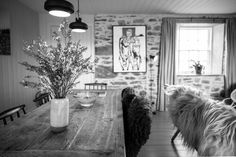 black and white photograph of dining room with dog