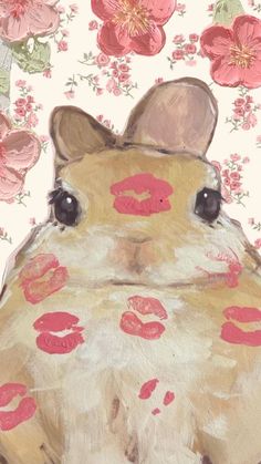 a painting of a hamster with lipstick on it's face and flowers in the background