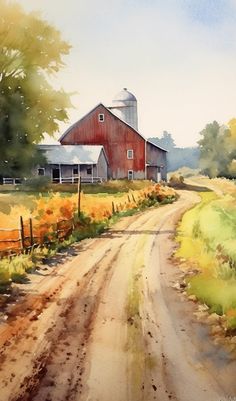 a painting of a country road with a barn in the background