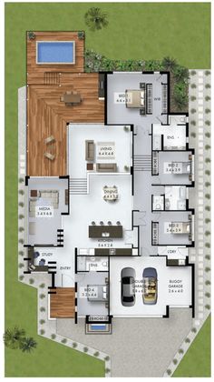 the floor plan for a house with two levels and an outdoor swimming pool in the middle