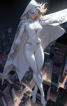 a woman dressed in white flying through the air over a cityscape at night