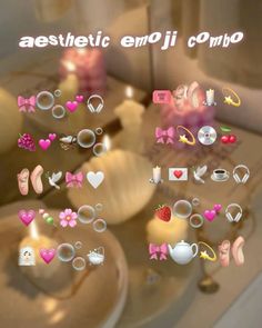 an image of some rings and candles on a table with words above them that read aesthetic emo ji corio