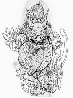 a black and white drawing of a dragon with flowers on it's back side