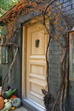 the front door is decorated with vines and pumpkins