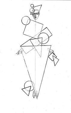 a drawing of an abstract figure in black and white, with geometric shapes on it