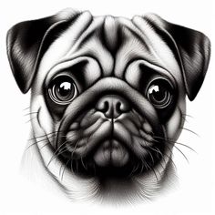 a black and white drawing of a pug dog's face with big eyes