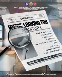 a newspaper with a magnifying glass on it's front page and the words, we are looking for aplicatis