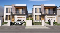 two story townhouses with balconies on the second floor and one car parked in front