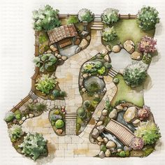 an aerial view of a garden design