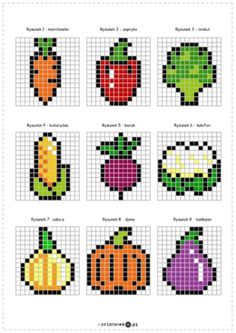 the cross stitch pattern for fruits and vegetables is shown in different colors, shapes, and sizes