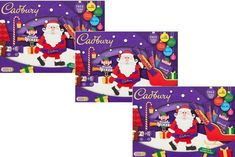 three christmas cards with santa claus on the front and purple background, one has candy canes in his hand