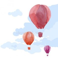 three hot air balloons flying in the sky with clouds behind them, watercolor on paper