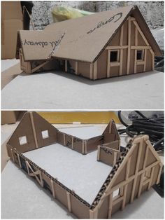 two pictures of a house made out of cardboard