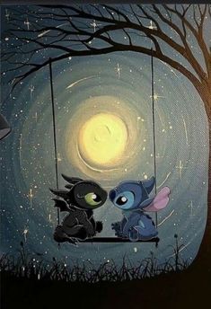 two cartoon characters sitting on a swing in front of a night sky with stars and the moon