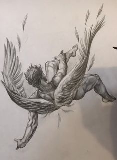 a pencil drawing of a man falling off his back with wings flying around him,