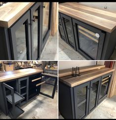 four different views of a kitchen island made out of wood and metal with glass doors