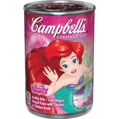 a can of campbell's condensed soup with ariel the little mermaid on its side