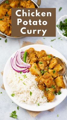 chicken potato curry served with white rice and red onions