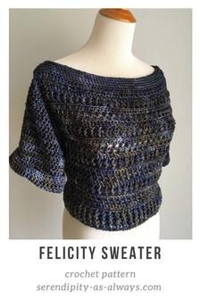 a crocheted sweater on top of a mannequin torso with the words felicity sweater written below it