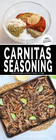 the cover of carnitass seasoning is shown in front of a baking dish