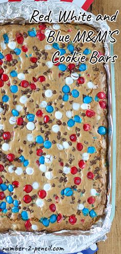 red, white and blue m & m's cookie bars