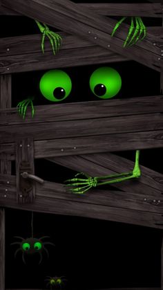 two green eyes are peeking out from behind a wooden fence with spider webs on it